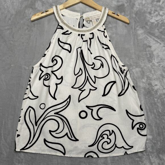 Rich & Famous Tops - Rich & Famous Tank Top Womens Medium White Brown Paisley Halter Beaded Trim